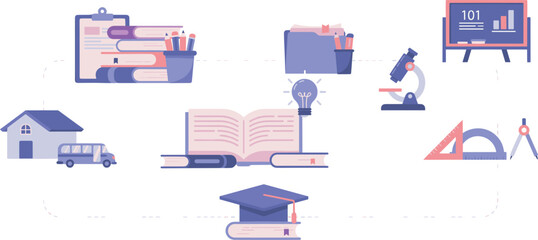 Online education concept illustration vector banner set with open book graduation cap school bus microscope and presentation blackboard symbols in purple tones © Md. Ashik Hossain