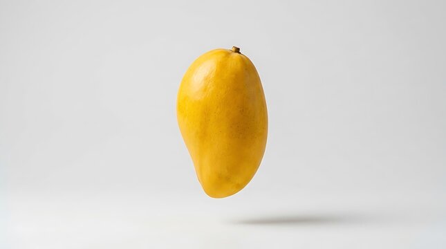 A single fresh ripe yellow mango fruit floating in mid air showing its smooth skin and healthy tropical texture. ataulfo mango