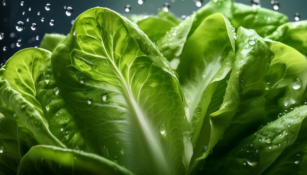 fresh romaine lettuce leaves with water droplets close up shot ideal for food blogs healthy eating themes or product packaging