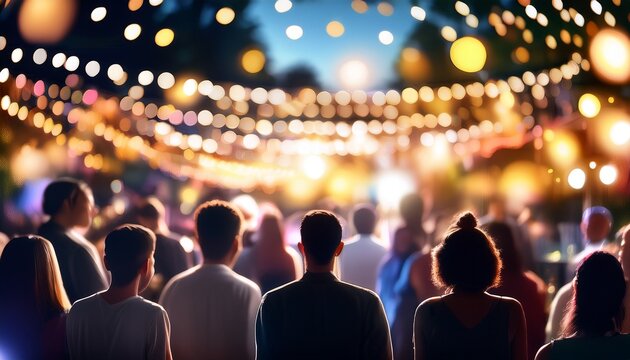 blurred background of party with lights great for background or overlay in a presentation or website to show a busy social gathering