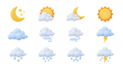 Obraz premium Set of weather icons showing different sky conditions with sun, rain, clouds, and moon