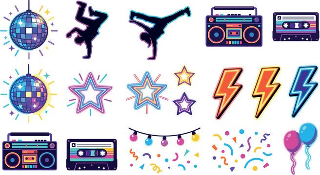 Retro 1980s Disco Party Vector Element Set with Breakdancers Neon Disco Balls Boomboxes Cassette Tapes Lightning Bolts and Festive Confetti Decorations