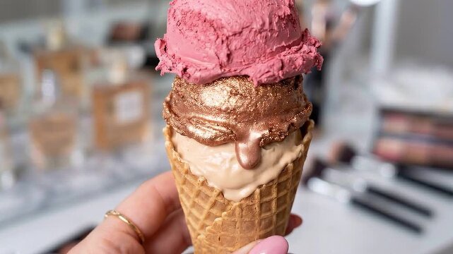 Tracking slow motion handheld zoom of hand holding melting metallic gold and pink ice cream scoop dripping on waffle cone against blurred vanity makeup table background