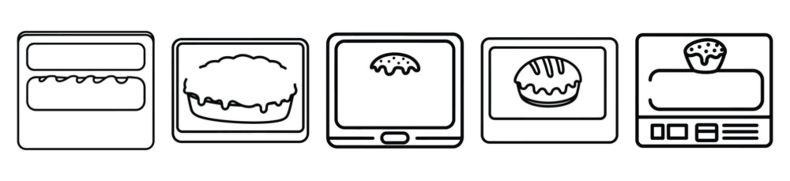 Simple line drawing of bakery online baking class icon set on a white background