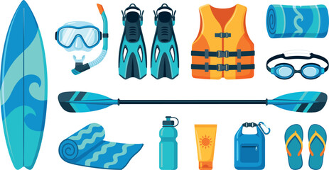 Summer Water Sports and Beach Vacation Equipment Vector Set Featuring Surfboard Snorkel Mask Fins Life Vest Paddle and Swim Accessories for Outdoor Recreation © Md