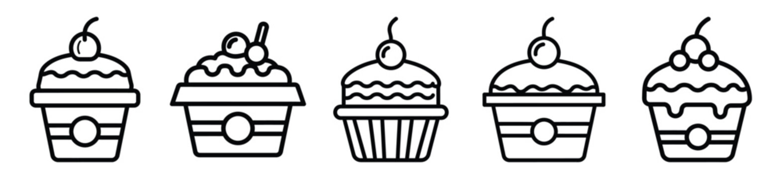 Simple line drawing of bakery party dessert box icon set on a white background
