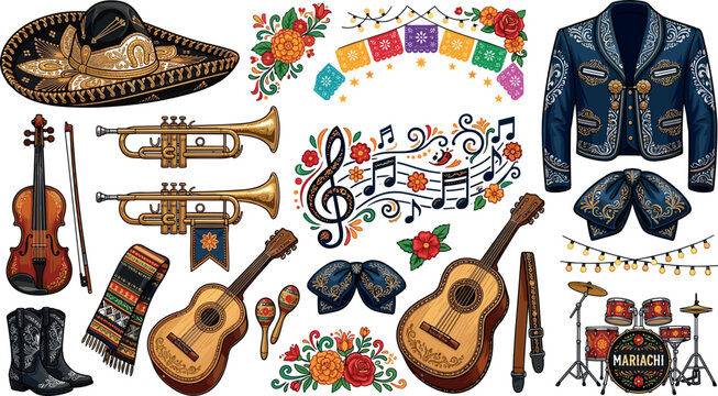 Traditional Mexican Mariachi Band Music Vector Element Set Featuring Golden Sombrero, Charro Suit, Guitars, Trumpets, Violin, Drums, Flowers, and Festive Garlands