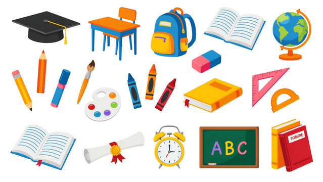 Colorful educational school supplies and tools flat illustration