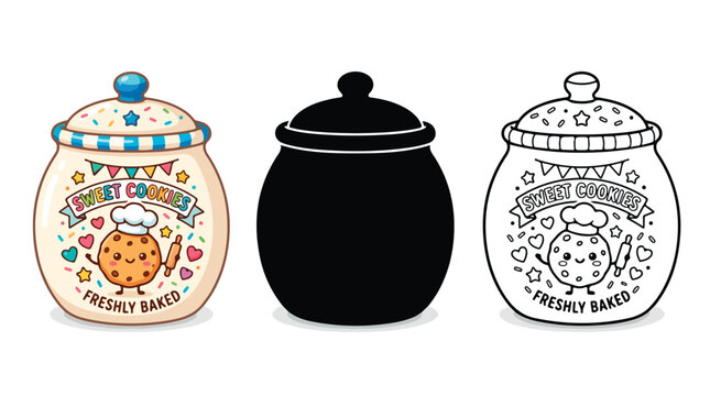 Kawaii cookie jar vector set, ceramic sweet treats canister with cute biscuit character, black silhouette and line art kitchen storage icons