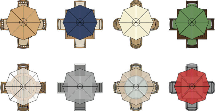 Top view vector set of outdoor patio furniture with umbrellas and chairs for architectural floor plan design