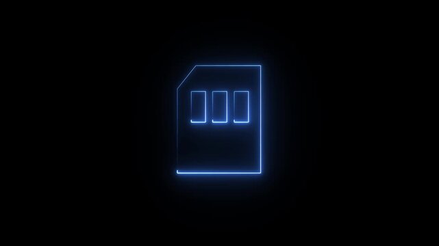 Blue Glowing Neon SD Memory Card Icon on Black Background. 4k neon light motion videos