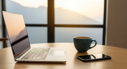 Obraz premium Morning coffee and work laptop smartphone and hot beverage on wooden table with scenic view