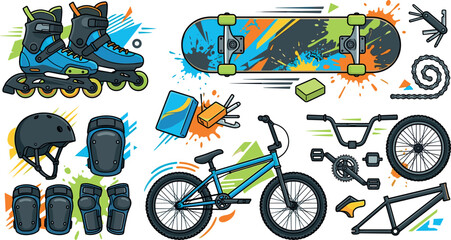 Fototapeta premium Extreme Sports and Urban Activity Equipment Vector Set Featuring Inline Skates Skateboard BMX Bicycle Helmet Knee Pads and Maintenance Tools With Splatter Accents