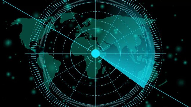 Radar screen animation, moving radar HUD call animated. Sonar tactical readout of an incoming object. Scanning Submarine Radar Screen With World Map, futuristic user interface computer system.4k