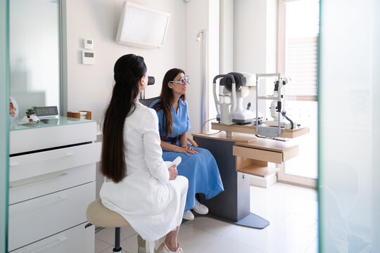 Optometrist Appointment in a Clinic With Patient and Doctor