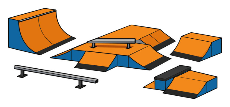 Modular skate-park obstacles designed for skateboarding, BMX, and scooter riding, showcasing urban extreme-sport action