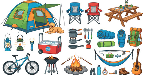 Family Camping and Outdoor Adventure Vector Equipment Set with Tent Bicycle Dog Picnic Table Chairs Cooler Grill Guitar and Fishing Gear © Md