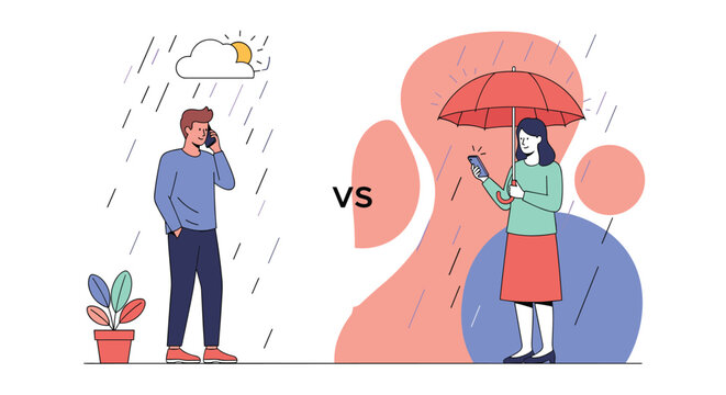 Comparison illustration showing a man in the rain without an umbrella versus a woman with one using her smartphone.