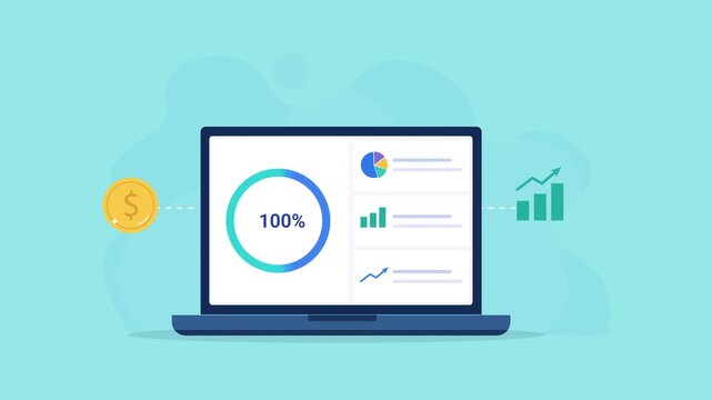 Animated flat vector illustration of a laptop displaying a business growth dashboard with financial metrics, analytics charts, and revenue icons. Modern business intelligence, performance tracking, an