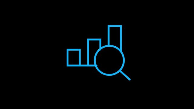 Business data analytics icon animation growing bar chart with search lens appearing.