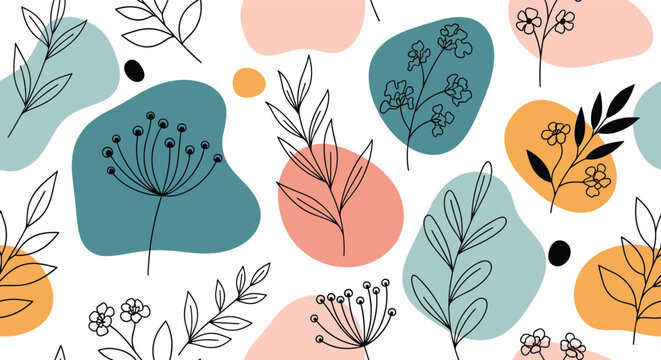 Seamless pattern featuring hand drawn botanical elements and wild flowers with colorful abstract shapes on a clean white background for fabrics.