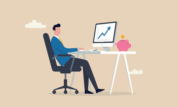 Succes in career pink piggy bank development, work satisfaction concept, happy businessman working office computer desk