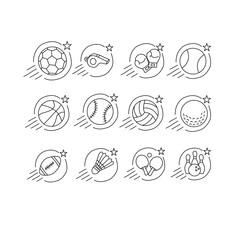 Obraz premium Sports equipment and game balls line art icon set