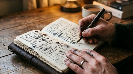 Naklejka premium Person writing in a journal with pen close up view warm lighting desk setting