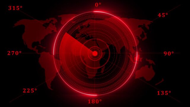 Radar screen animation, moving radar HUD call animated. Sonar tactical readout of an incoming object. Scanning Submarine Radar Screen With World Map, futuristic user interface computer system.4k