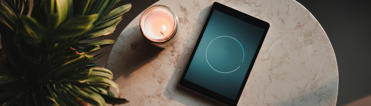 Calm tablet breathing timer digital tablet table meditation app display candle light relaxation cozy evening mood marble table surface indoor home scene mindful technology use wellness routine