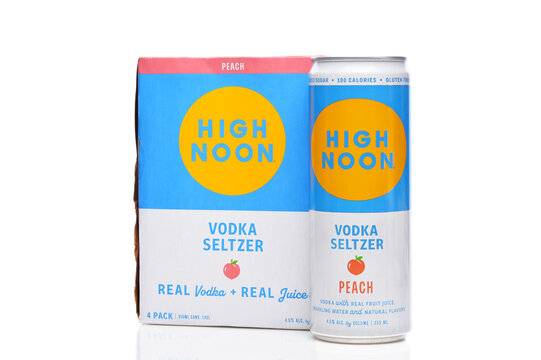 IRVINE, CALIFORNIA - 24 JUN 2026: a 4 pack of High Noon Vodka Seltzer Peach flavor adult beverage.