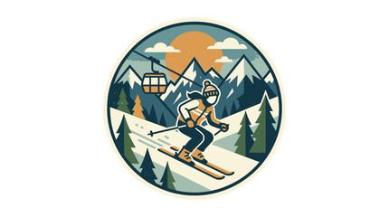 Skiing person emblem with mountain landscape and cable car. © Akun