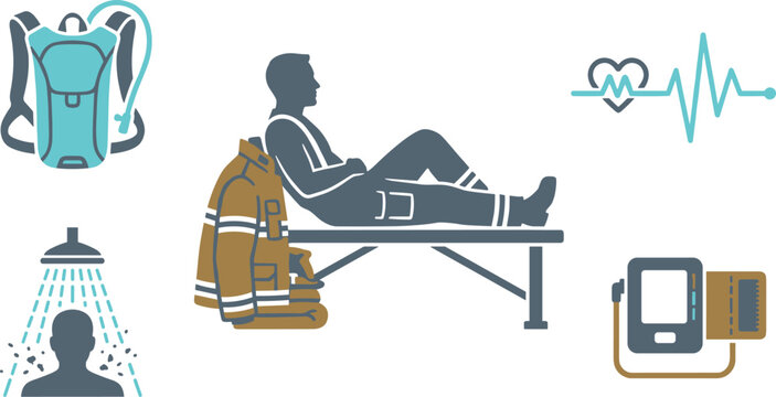 Firefighter Rehab Station Vector Icon Set Featuring Resting Fireman Cot Decontamination Shower Hydration Backpack and Medical Monitoring Elements