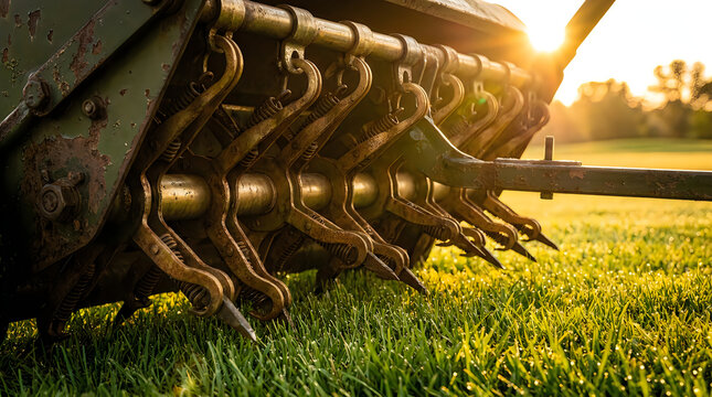 Lawn aerator spike attachment connected to tractor equipment performs grass maintenance work during sunny golden hour in public park field providing soil aeration for healthy turf growth.