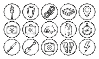 Set of hand-drawn camping and survival equipment in circular frames © Hintsync