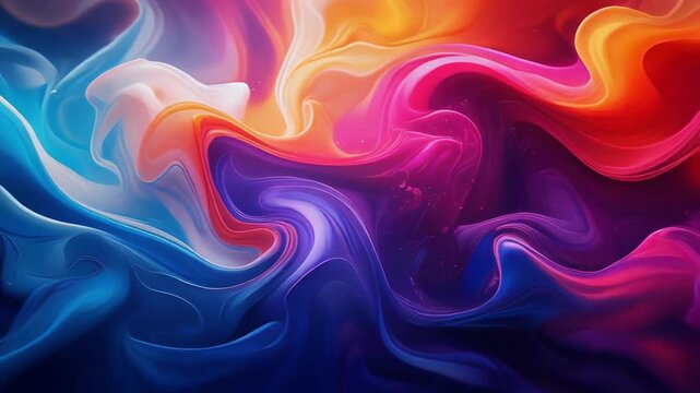 Abstract fluid art with vibrant blue, orange, pink, and purple swirling colors