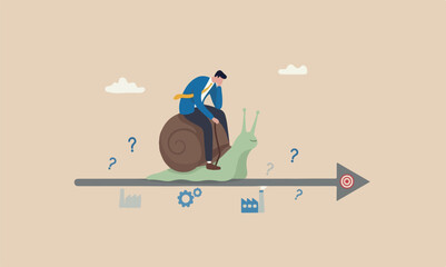 Slow, unproductive industrial or efficiency concept, tried businessman riding snail slow walking on arrow to reach target © Nazma