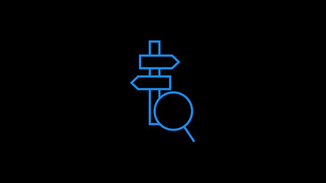 Neon blue signpost icon with search magnifier animation for digital navigation app.