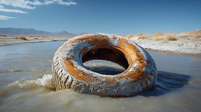 Angled view showing transition point where tires leave dry land and enter water 