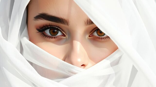 Close-up of a beautiful woman's captivating brown eyes looking from under a flowing white veil