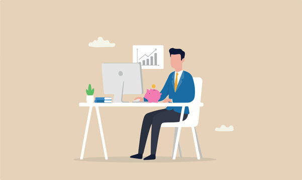 Succes career bank development, work satisfaction concept, happy businessman working office computer desk