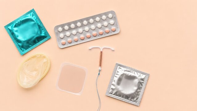 Assortment of contraceptives including condoms, birth control pill pack, contraceptive patch and copper IUD on a peach background