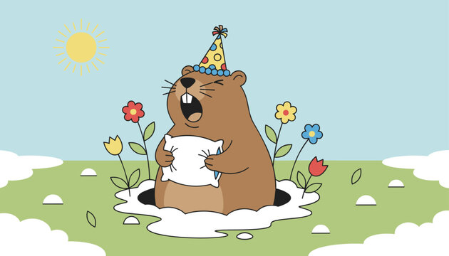 Sleeping groundhog wearing a colorful party hat pops out of its hole on a sunny spring day to celebrate.