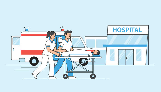 Paramedics pushing an injured patient on a stretcher toward the hospital entrance with an ambulance parked behind.