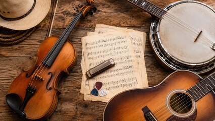 Naklejka premium Rustic folk music arrangement with violin (fiddle), acoustic guitar, banjo, harmonica, sheet music, picks and cowboy hat on a wooden table