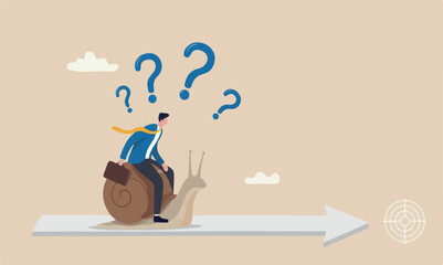 Slow procrastination, unproductive or efficiency concept, tried businessman riding snail slow walking on arrow to reach target © Nazma