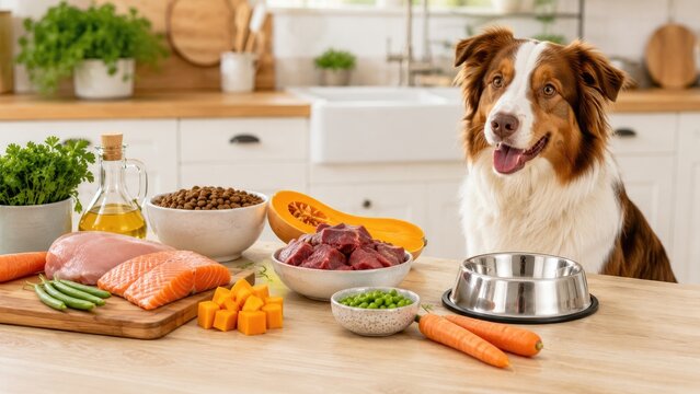 Happy brown and white dog beside a stainless bowl with fresh raw ingredients for homemade dog food on a bright kitchen counter