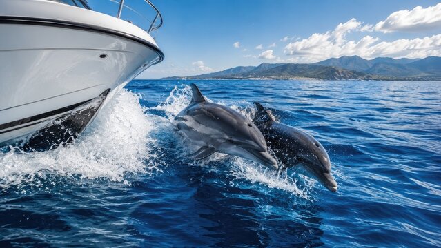 Two dolphins leaping beside a boat bow over blue ocean with mountains and sunny sky