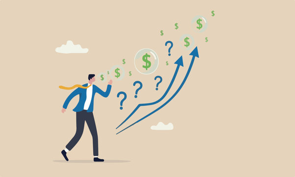 Stock market bubble rising from speculation from greedy investor or overvalued company concept, greedy businessman investor blowing bubbles with dollar sign money into the air