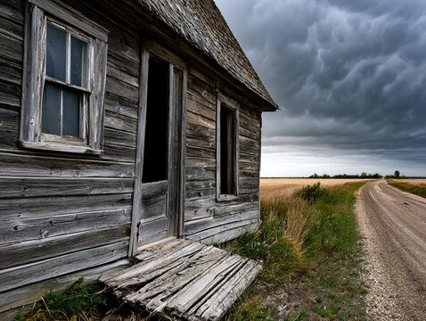 Abandoned weathered wooden farmhouse beside a rural dirt road under dramatic storm clouds, rustic countryside landscape with decaying architecture, moody sky and eerie atmosphere